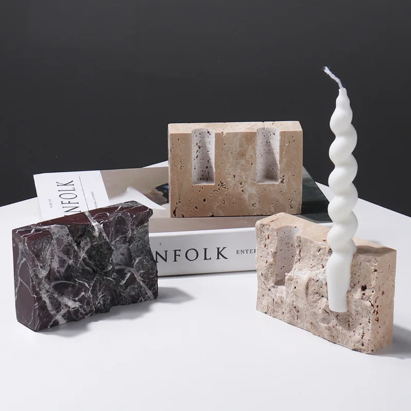 Vintage Collectible Marbles - Natuurlijke marmeren kandelaar, vintage travertijn kandelaars